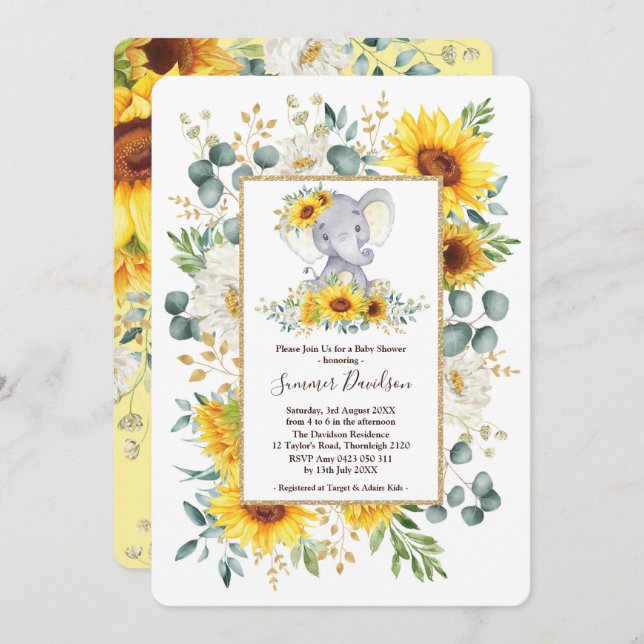Invitation Baby shower de verdure d'éléphant de tournesols (Devant / Derrière)