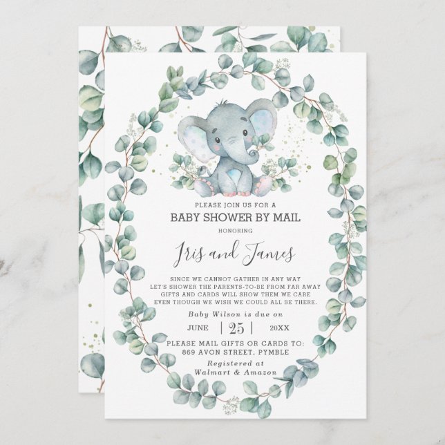 Invitation Baby shower de verdure Eléphant mignon par Mail Bo (Devant / Derrière)