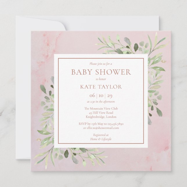 Invitation Baby shower de verdure en marbre d'or rose | Saupo (Devant)