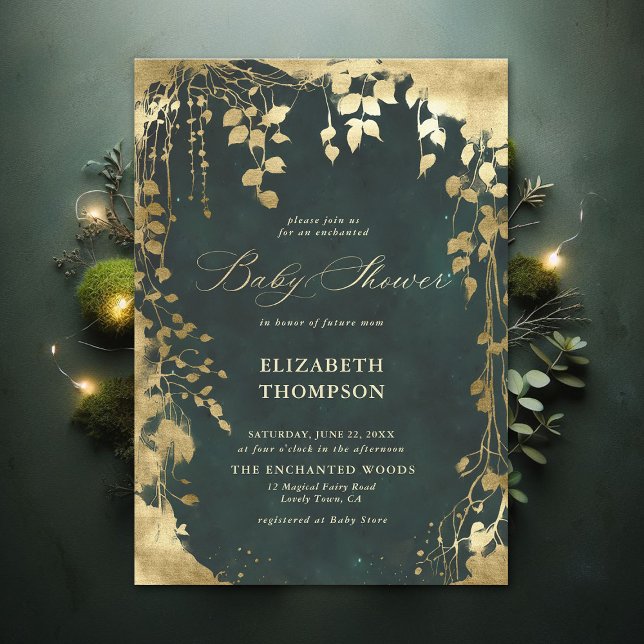 Invitation Baby shower de verdure Enchanted Forêt Gold Cadre (Enchanted Forest Emerald Green Draped Greenery Frame Modern Calligraphy Neutral Baby Shower Invite)