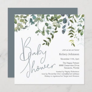 Invitation Baby shower de verdure Eucalyptus manuscrit modern