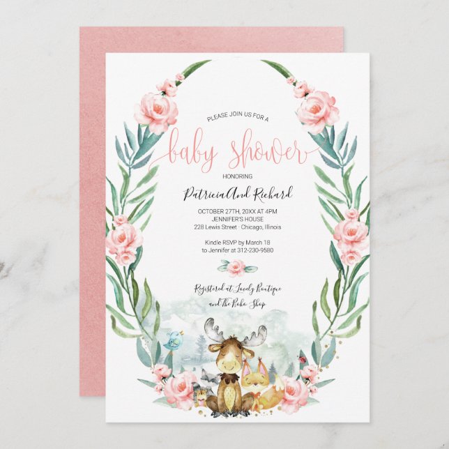 Invitation Baby shower de verdure fleurie de bois adorable (Devant / Derrière)