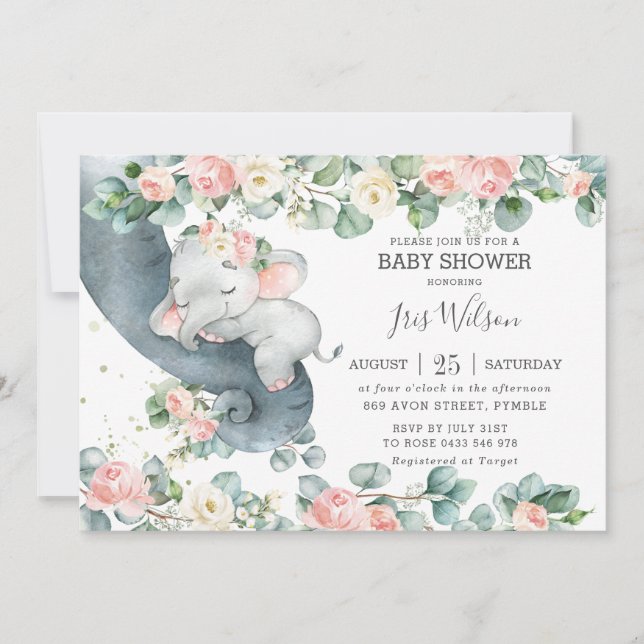 Invitation Baby shower de verdure fleurie rose éléphant (Devant)