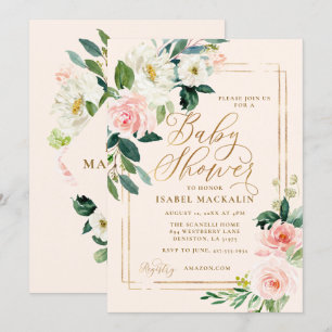 Invitation Baby shower de verdure florale couleur rose pâle