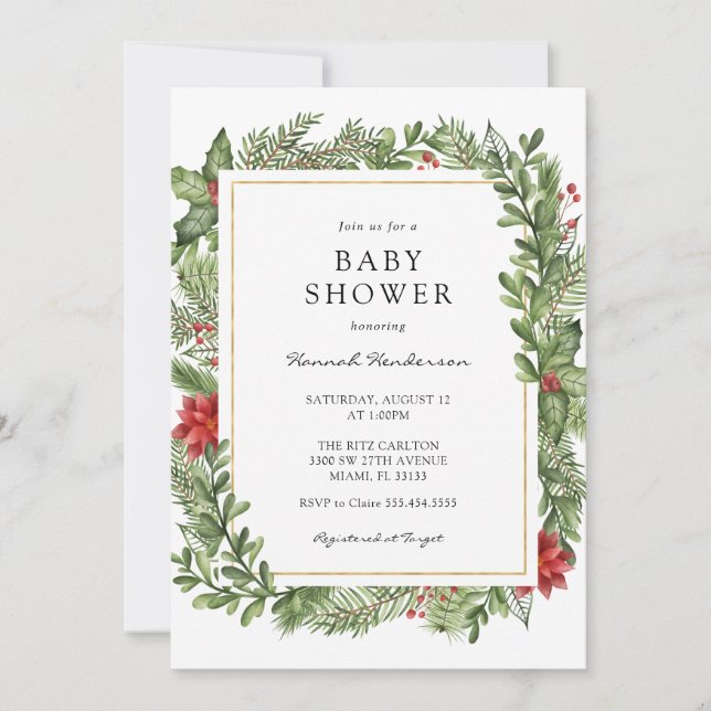 Invitation Baby Shower de verdure hivernale Cadre doré (Devant)