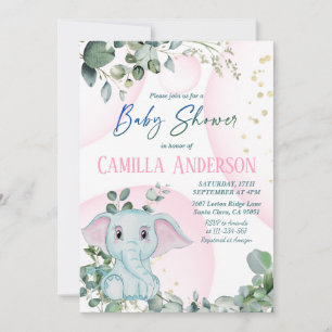 Invitation Baby shower de verdure moderne rose vif Eléphant
