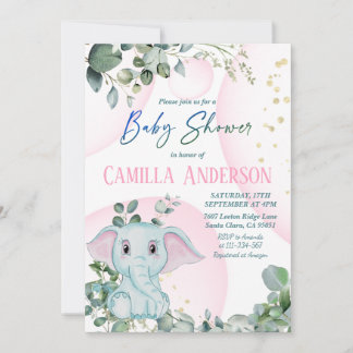 Invitation Baby shower de verdure moderne rose vif Eléphant