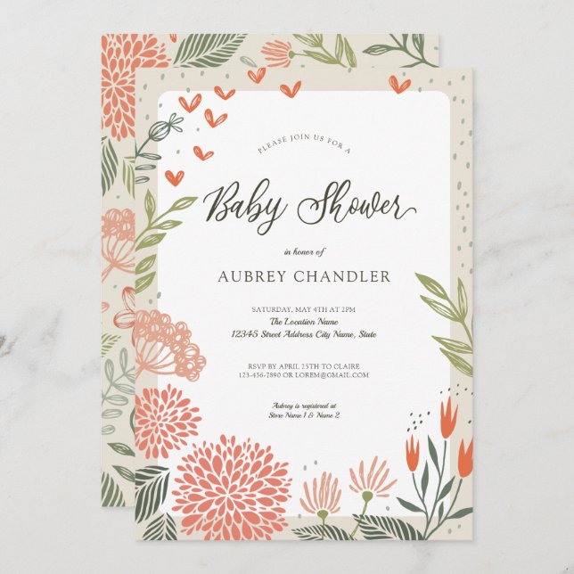 Invitation Baby shower de verdure rose floral (Devant / Derrière)