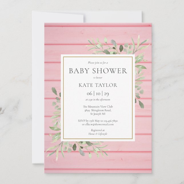Invitation Baby shower de verdure rose rustique (Devant)