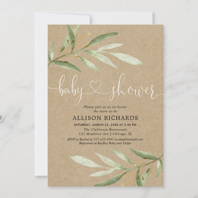 Invitation Baby shower de verdure rustique kraft neutre genre (Devant)
