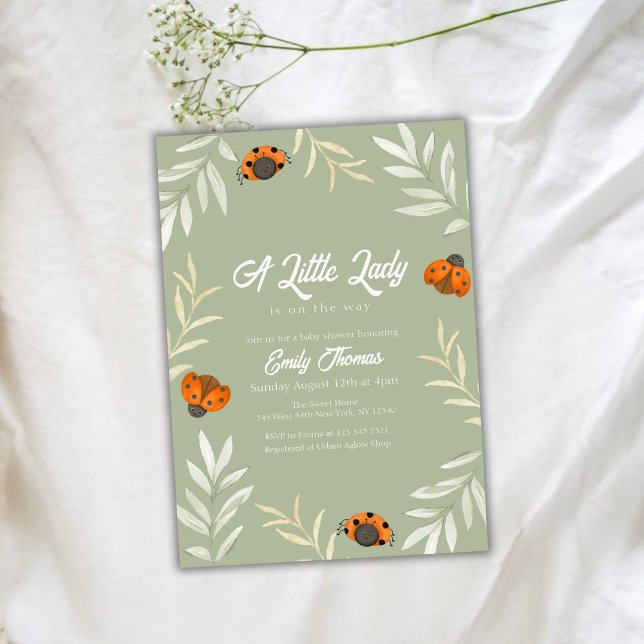 Invitation Baby shower de verdure Sage Green Little Ladybug (Sage Green Little Ladybug Greenery Baby Shower Invitation)