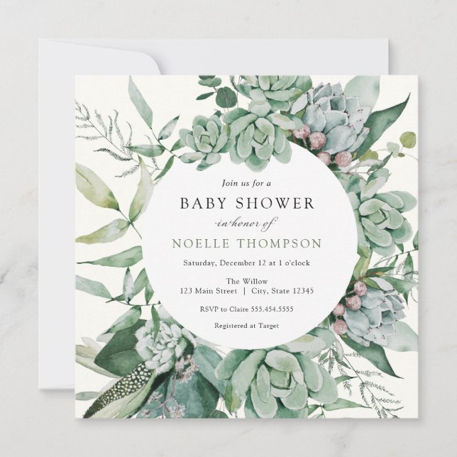 Invitation Baby shower de verdure Succulent et Eucalyptus (Devant)