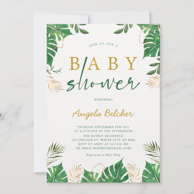 Invitation Baby shower de verdure tropicale (Devant)