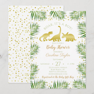 Invitation Baby shower de verdure tropicale du dinosaure d'or