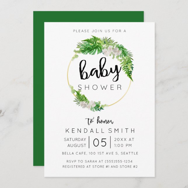 Invitation Baby shower de verdure tropicale feuille de palmie (Devant / Derrière)