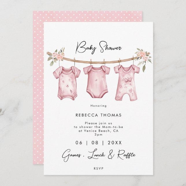 Invitation baby shower de vêtements de bébé rose (Devant / Derrière)