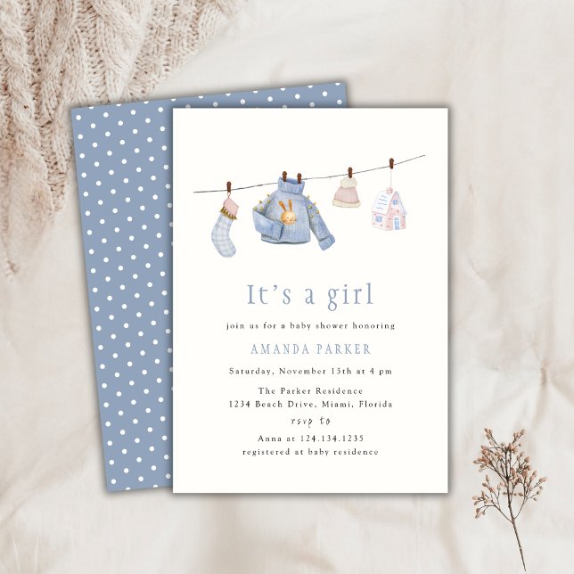 Invitation Baby shower de vêtements d'hiver pour filles coule (Blue Watercolor Girl Winter Clothes Baby Shower Invitation)