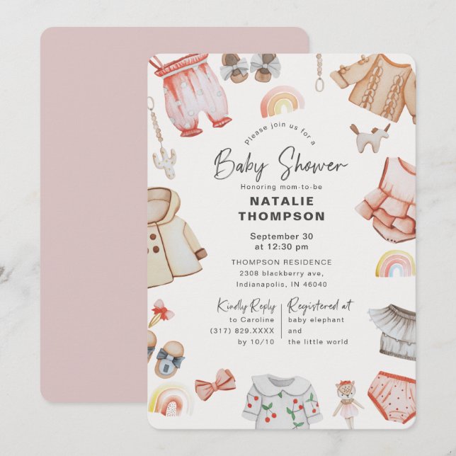 Invitation Baby shower de vêtements et jouets pour bébés rose (Devant / Derrière)
