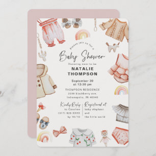 Invitation Baby shower de vêtements et jouets pour bébés rose