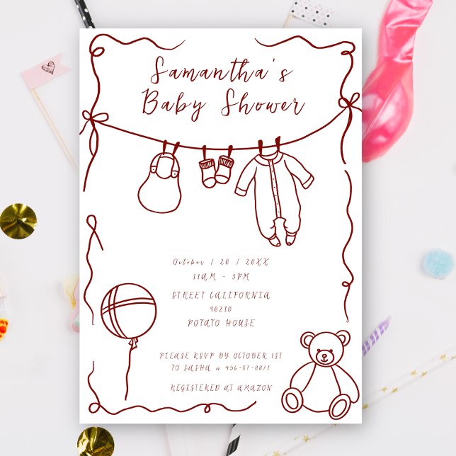 Invitation Baby shower de vêtements pour bébé dessinés à la m (Créateur téléchargé)