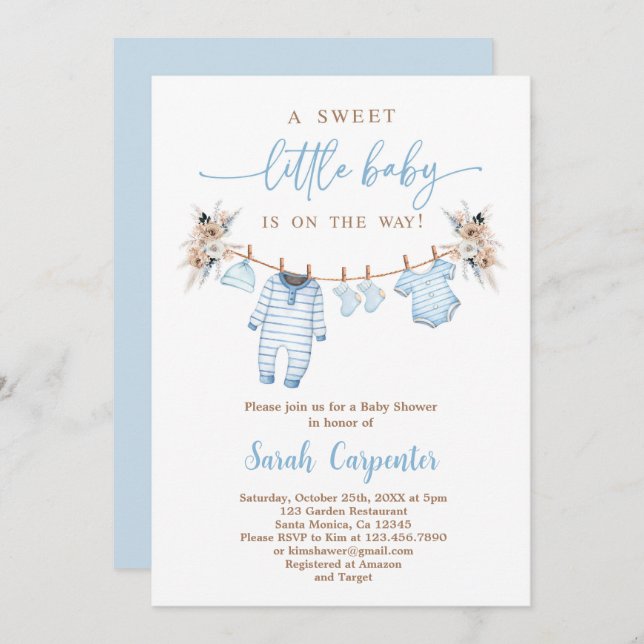 Invitation Baby shower de vêtements pour bébé garçon (Devant / Derrière)