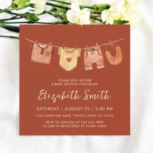 Invitation Baby shower de vêtements pour bébés orange brûlés