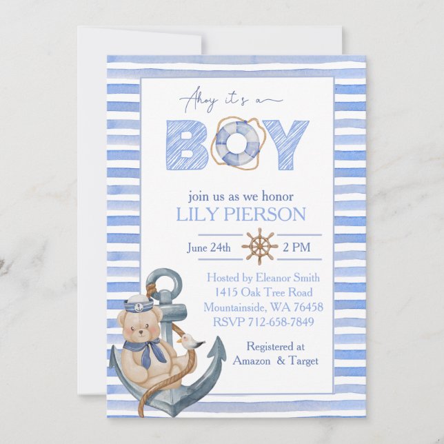 Invitation Baby shower de voilier de l'ours nautique bleu aqu (Devant)