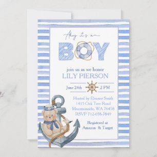 Invitation Baby shower de voilier de l'ours nautique bleu aqu
