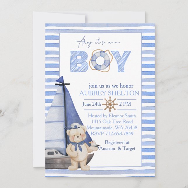 Invitation Baby shower de voilier de l'ours nautique bleu aqu (Devant)
