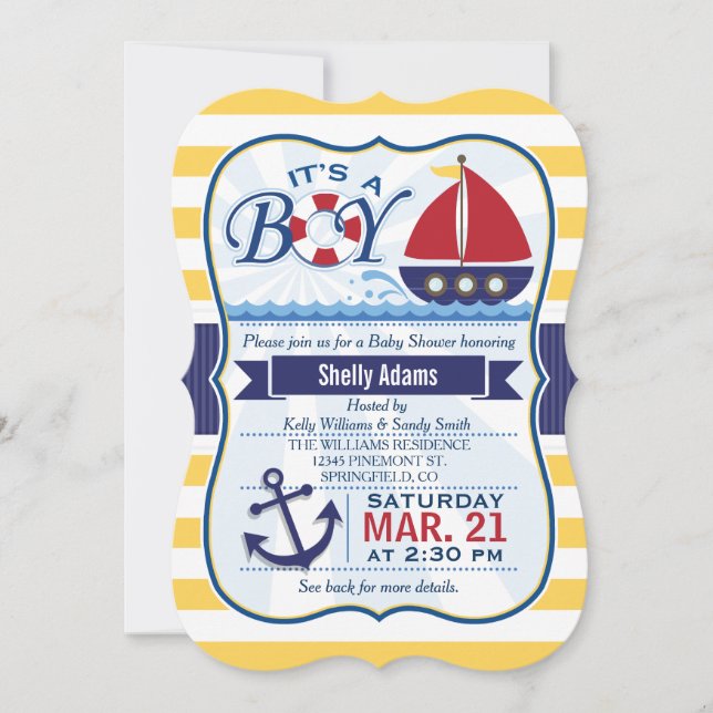 Invitation Baby shower de voilier marine rouge, marine et jau (Devant)