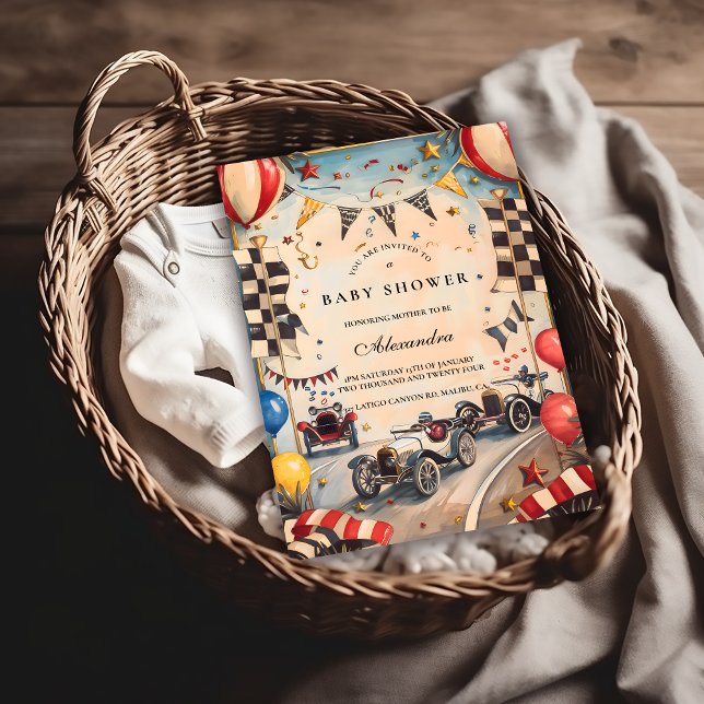 Invitation Baby Shower de voiture de course rétro (Créateur téléchargé)