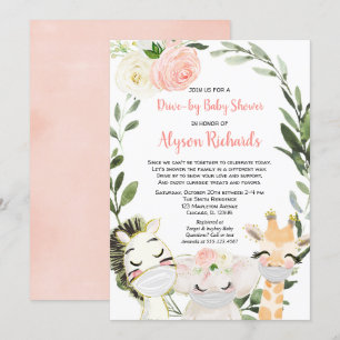 Invitation baby shower de voiture safari animaux verdure rose