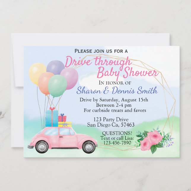 Invitation Baby shower de voiture Watercolor pour filles (Devant)