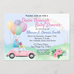 Invitation Baby shower de voiture Watercolor pour filles