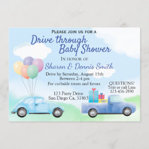 Invitation Baby shower de voiture Watercolor pour les garçons