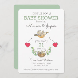 Invitation Baby shower de vol doux Mama Bird Green
