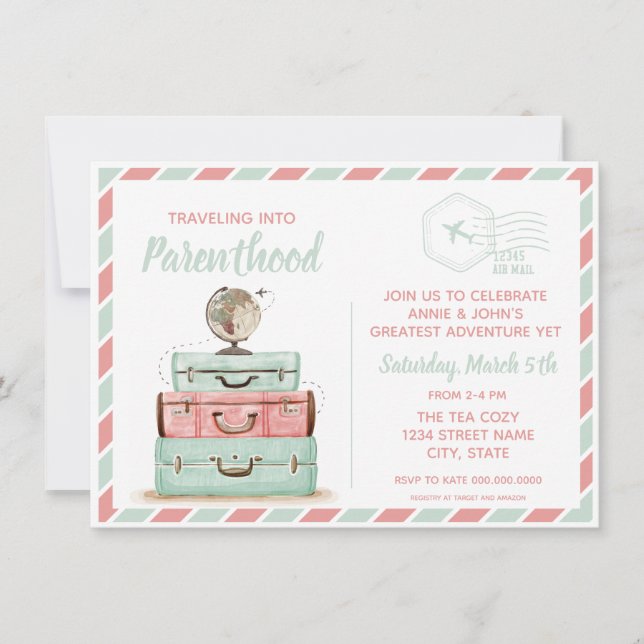 Invitation Baby shower de voyage Parenthode Coral Mint (Devant)
