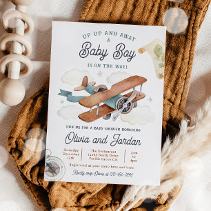 Invitation Baby shower de voyage pour garçons d'avion vintage