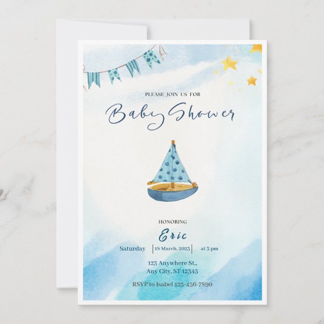 Invitation Baby shower d'eau bleu-jaune (Devant)