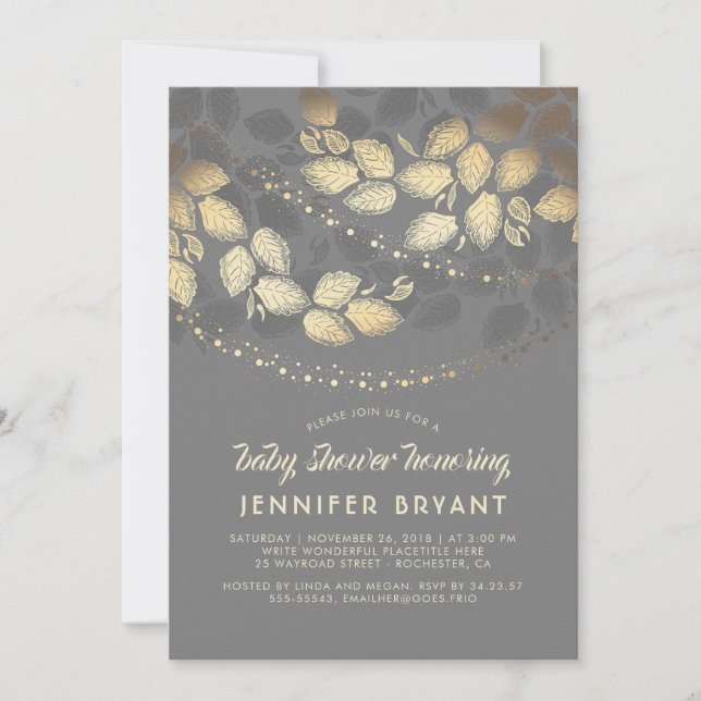 Invitation Baby shower d'éclairage d'arbre élégant Gold et Gr (Devant)