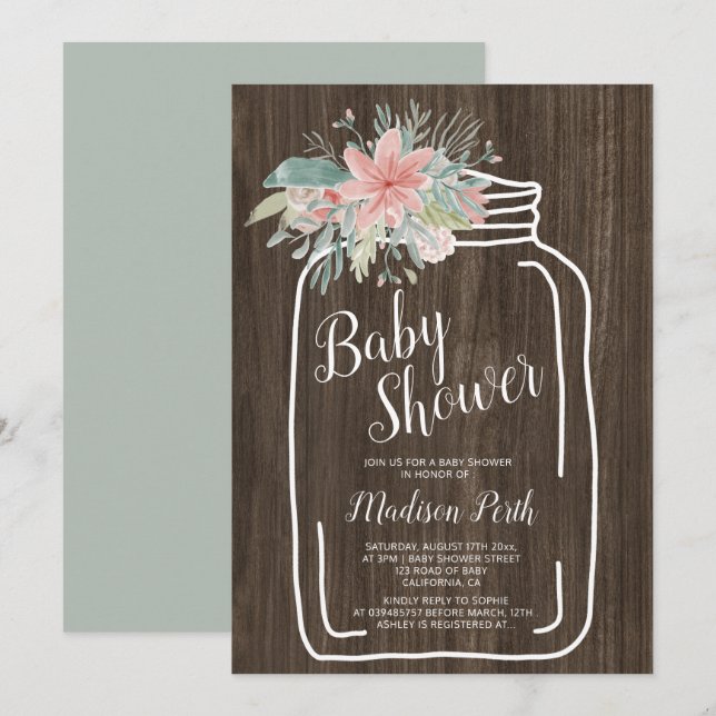 Invitation baby shower d'écriture de bocal de mason floral en (Devant / Derrière)