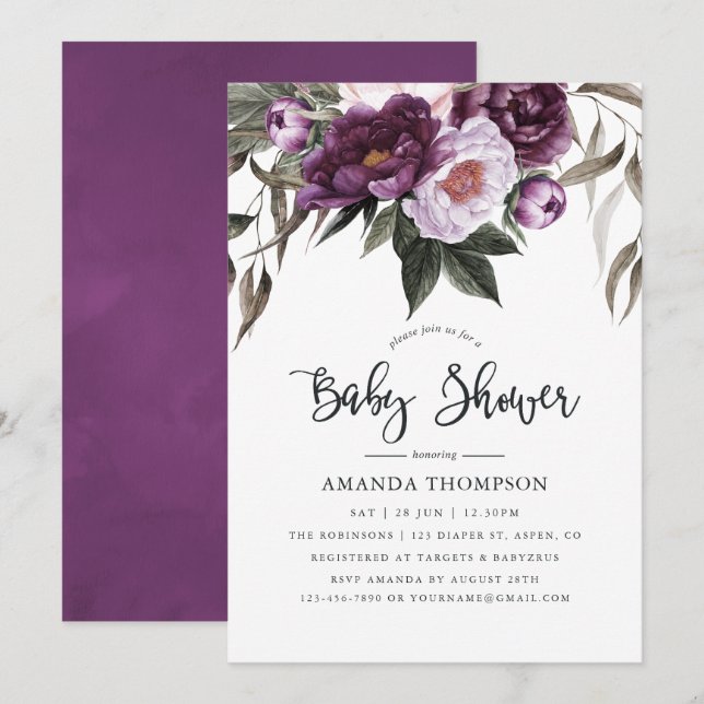 Invitation Baby shower Deep Velvet Floral (Devant / Derrière)