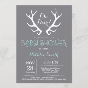 Invitation Baby shower Deer Antler Grey et Aqua