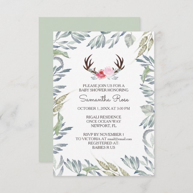 Invitation BABY SHOWER DEER ANTLER Invitation, Fille (Devant / Derrière)