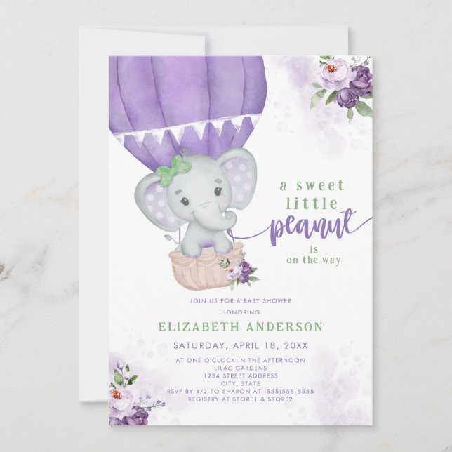 Invitation Baby shower d'éléphant à bulle d'air chaud violet (Devant)