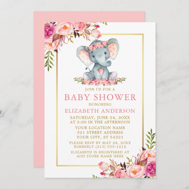 Invitation Baby shower d'éléphant à cadre d'or rose (Devant / Derrière)