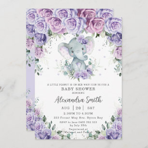 Invitation Baby shower d'éléphant adorable à fleurs mauves