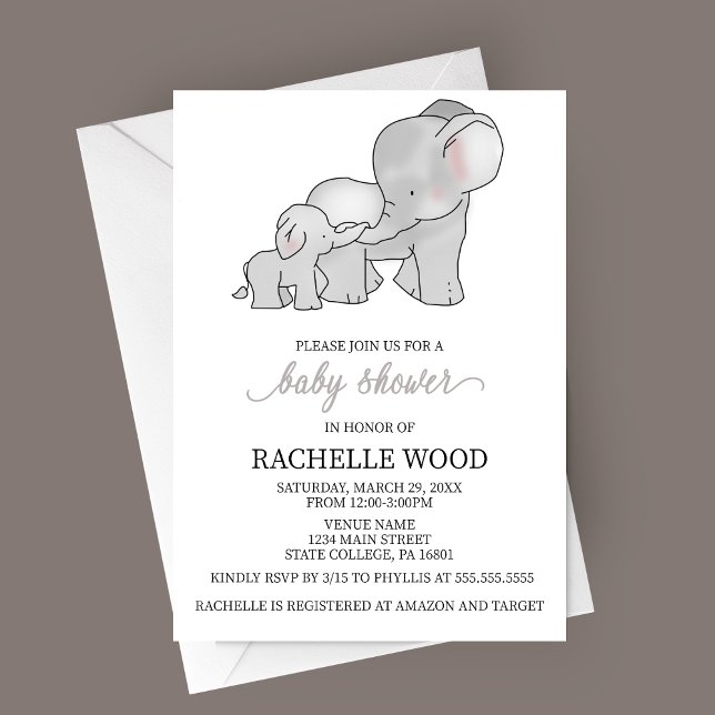 Invitation Baby shower d'éléphant aquarelle (Watercolor Hand-drawn Elephant Baby Shower Invitation)