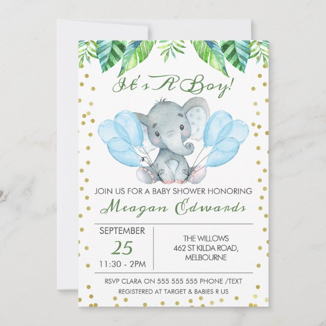 Invitation Baby shower d'éléphant aquarelle (Devant)