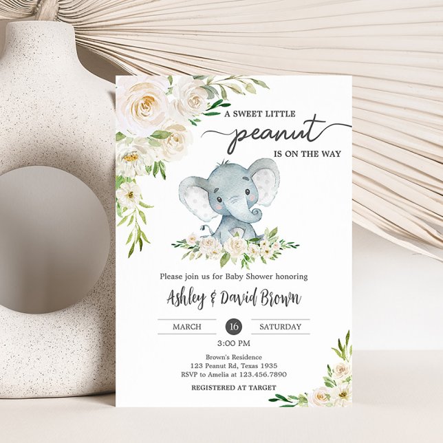 Invitation Baby shower d'éléphant blanc floral (A Little Peanut is on the Way Baby Shower Invitation)